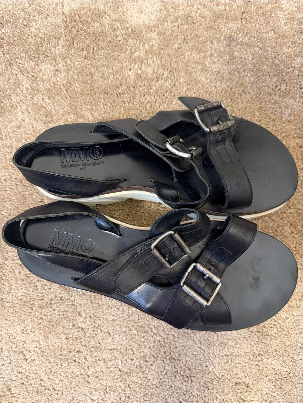 MM6 Maison Martin Margiela Black Leather Double-Buckle Platform Sandals Size 38